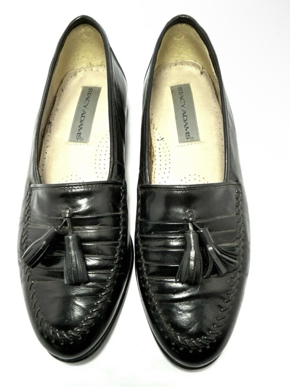 Stacy Adams Tassel Loafers Mens Black Leather Size 9 Pleated Vamp Made In Spain